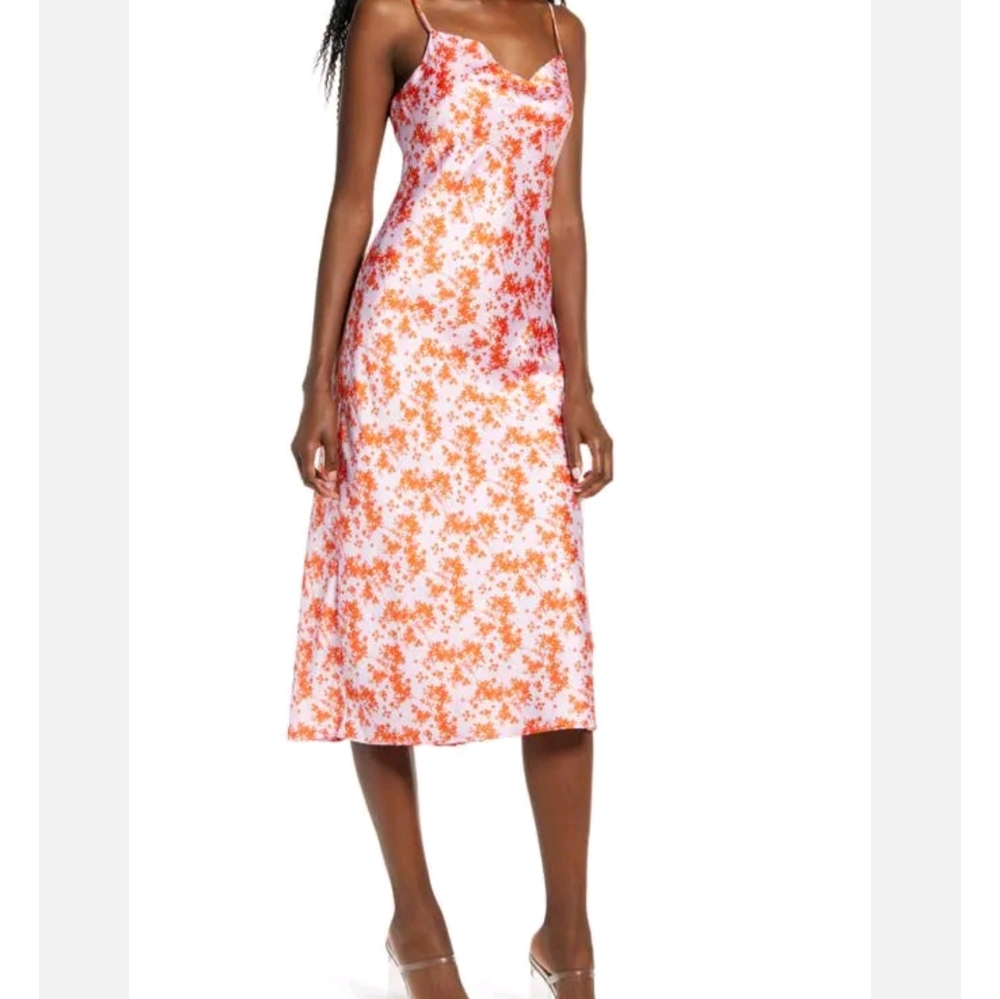 Pink Orange Slip Midi Dress Cowl Neck Adjustable Straps Sz XL